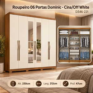 Roupeiro 212cm 06 Portas Dominic c/ Espelho - D346-221 - Cinamomo/Off White - Moveis Henn