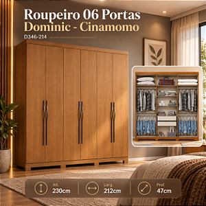Roupeiro 212cm 06 Portas Dominic - D346-214 - Cinamomo - Moveis Henn