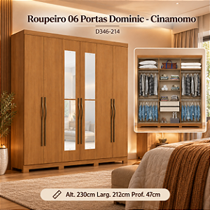 Roupeiro 212cm 06 Portas Dominic c/ Espelho - D346-221 - Cinamomo - Moveis Henn