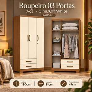 Roupeiro 91cm 03 Portas 02 Gavetas Açai - DA133-221 - Cinamomo/Off White - Móveis Henn