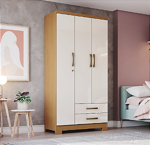 Roupeiro 03 Portas 02 Gavetas Açai - DA133-221 - Cinamomo/Off White - Móveis Henn