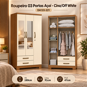 Roupeiro 91cm 03 Portas 02 Gavetas Açai c/ Espelho - DA133-221 - Cinamomo/Off White - Móveis Henn