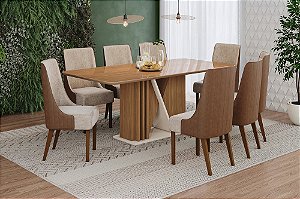 Conjunto de Mesa Valine 200cm c/ Vidro e cantos Arredondados + 08 Cadeiras Ivy Caramelo/Creme - Móveis Henn