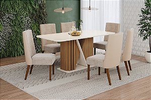 Conjunto de Mesa Valine 160cm c/ Vidro e cantos Arredondados + 06 Cadeiras Anne Bege/Creme - Móveis Henn