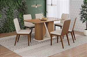 Conjunto de Mesa Valine 160cm c/ Vidro e cantos Arredondados + 06 Cadeiras Pietra Caramelo/Linho - Móveis Henn
