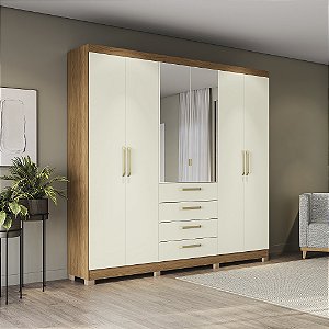 Roupeiro 250cm 06 Portas 04 Gavetas c/ Pés e Espelhos - Ref. CB01T585 - Canela/Off White - Kappesberg
