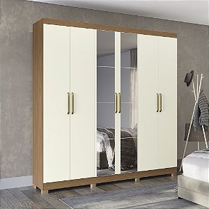 Roupeiro 230cm 06 Portas 02 Gavetas c/ Pés e Espelhos - Ref. CB01T584 - Canela/Off White - Kappesberg
