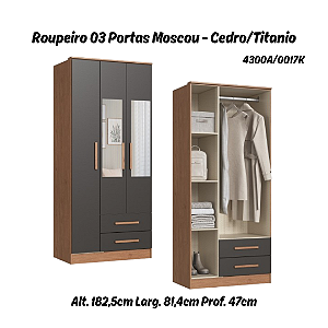 Roupeiro 03 Portas Moscou c/ Espelho - 4300A - Cedro/Titanio - Móveis Castro