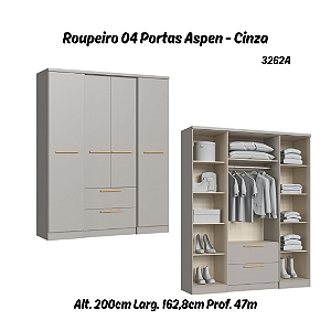 Roupeiro 04 Portas Aspen - 3262A - Cinza - Móveis Castro