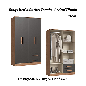 Roupeiro 04 Portas Toquio - 4400A - Cedro/Titanio - Móveis Castro
