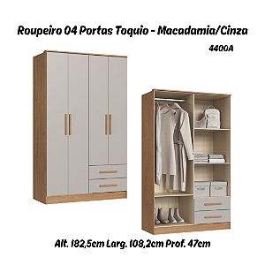 Roupeiro 04 Portas Toquio - 4400A - Macadamia/Cinza - Móveis Castro