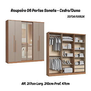 Roupeiro 06 Portas Sonata c/ Espelho G - 3272A - Cedro/Duna - Móveis Castro