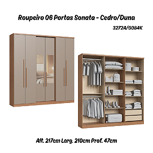 Roupeiro 06 Portas Sonata c/ Espelho P - 3272A - Cedro/Duna - Móveis Castro