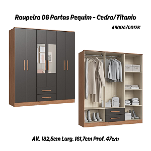 Roupeiro 06 Portas Pequim c/ Espelho - 4600A - Cedro/Titanio - Móveis Castro