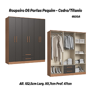 Roupeiro 06 Portas Pequim - 4600A - Cedro/Titanio - Móveis Castro