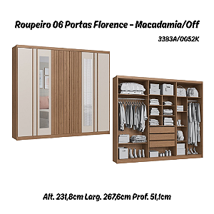 Roupeiro 06 Portas Florence c/ Espelho - 3383A - Macadâmia / Off White - Móveis Castro