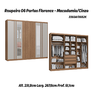 Roupeiro 06 Portas Florence c/ Espelho - 3383A - Macadâmia / Cinza - Móveis Castro