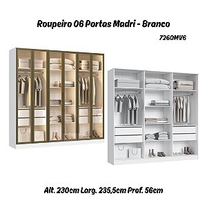 Roupeiro 06 Portas de Vidro Reflecta Madri 100% MDF - 7260MV6 - Branco - Moveis Castro
