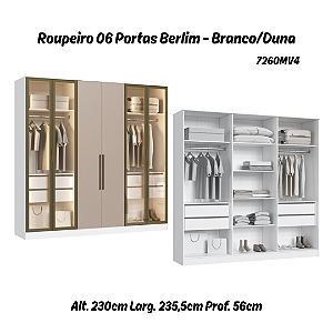 Roupeiro 06 Portas 04 c/ Vidro Reflecta Berlim 100% MDF - 7260MV4 - Branco/Duna - Moveis Castro