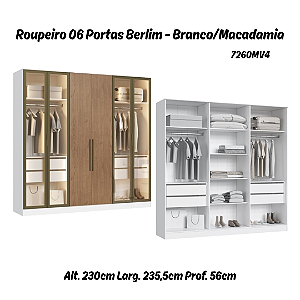Roupeiro 06 Portas 04 c/ Vidro Reflecta Berlim 100% MDF - 7260MV4 - Branco/Macadamia - Moveis Castro