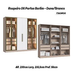 Roupeiro 06 Portas 04 c/ Vidro Reflecta Berlim 100% MDF - 7260MV4 - Duna/Branco - Moveis Castro