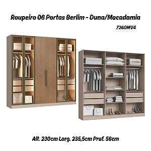 Roupeiro 06 Portas 04 c/ Vidro Reflecta Berlim 100% MDF - 7260MV4 - Duna/Macadamia - Moveis Castro