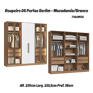 Roupeiro 06 Portas 04 c/ Vidro Reflecta Berlim 100% MDF - 7260MV4 - Macadamia/Branco - Moveis Castro