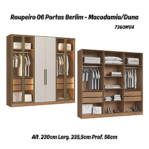 Roupeiro 06 Portas 04 c/ Vidro Reflecta Berlim 100% MDF - 7260MV4 - Macadamia/Duna - Moveis Castro