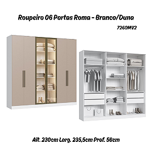 Roupeiro 06 Portas 02 c/ Vidro Reflecta Roma 100% MDF - 7260MV2 - Branco/Duna - Moveis Castro
