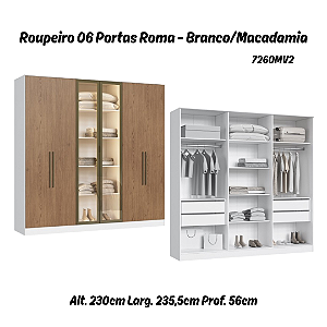 Roupeiro 06 Portas 02 c/ Vidro Reflecta Roma 100% MDF - 7260MV2 - Branco/Macadamia - Moveis Castro
