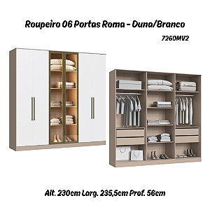 Roupeiro 06 Portas 02 c/ Vidro Reflecta Roma 100% MDF - 7260MV2 - Duna/Branco - Moveis Castro