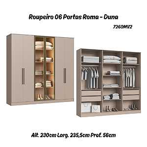 Roupeiro 06 Portas 02 c/ Vidro Reflecta Roma 100% MDF - 7260MV2 - Duna - Moveis Castro