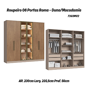 Roupeiro 06 Portas 02 c/ Vidro Reflecta Roma 100% MDF - 7260MV2 - Duna/Macadamia - Moveis Castro