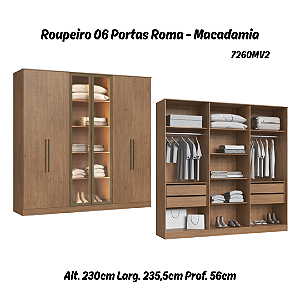Roupeiro 06 Portas 02 c/ Vidro Reflecta Roma 100% MDF - 7260MV2 - Macadamia - Moveis Castro