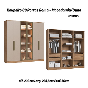 Roupeiro 06 Portas 02 c/ Vidro Reflecta Roma 100% MDF - 7260MV2 - Macadamia/Duna - Moveis Castro