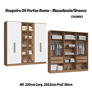 Roupeiro 06 Portas 02 c/ Vidro Reflecta Roma 100% MDF - 7260MV2 - Macadamia/Branco - Moveis Castro