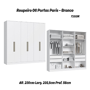 Roupeiro 06 Portas Paris 100% MDF - 7260M - Branco - Moveis Castro