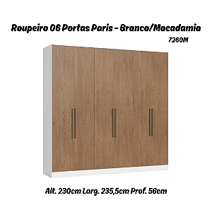 Roupeiro 06 Portas Paris 100% MDF - 7260M - Branco/Macadamia - Moveis Castro