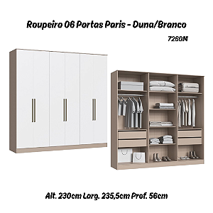 Roupeiro 06 Portas Paris 100% MDF - 7260M - Duna/Branco - Moveis Castro