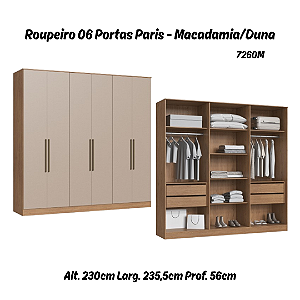 Roupeiro 06 Portas Paris 100% MDF - 7260M - Macadamia/Duna - Moveis Castro