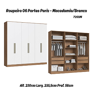 Roupeiro 06 Portas Paris 100% MDF - 7260M - Macadamia/Branco - Moveis Castro