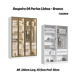 Roupeiro 04 Portas de Vidro Reflecta Lisboa 100% MDF - 7255MV4 - Branco - Moveis Castro