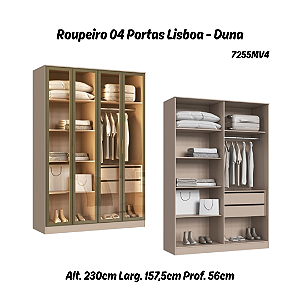 Roupeiro 04 Portas de Vidro Reflecta Lisboa 100% MDF - 7255MV4 - Duna - Moveis Castro