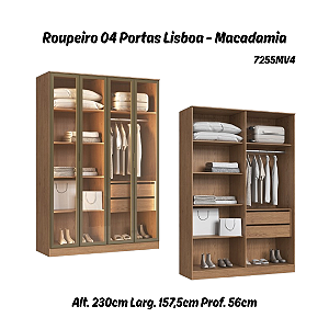Roupeiro 04 Portas de Vidro Reflecta Lisboa 100% MDF - 7255MV4 - Macadamia - Moveis Castro
