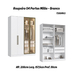 Roupeiro 04 Portas 02 de Vidro Reflecta Milão 100% MDF - 7255MV2 - Branco - Moveis Castro