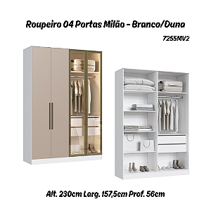Roupeiro 04 Portas 02 de Vidro Reflecta Milão 100% MDF - 7255MV2 - Branco/Duna - Moveis Castro