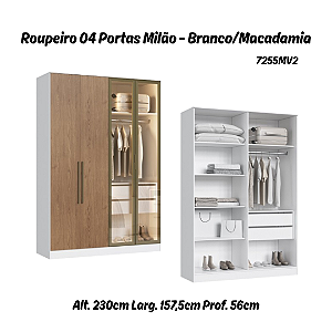 Roupeiro 04 Portas 02 de Vidro Reflecta Milão 100% MDF - 7255MV2 - Branco/Macadamia - Moveis Castro