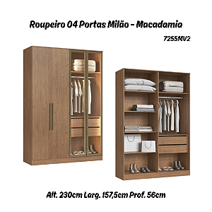 Roupeiro 04 Portas 02 de Vidro Reflecta Milão 100% MDF - 7255MV2 - Macadamia - Moveis Castro