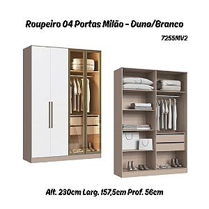 Roupeiro 04 Portas 02 de Vidro Reflecta Milão 100% MDF - 7255MV2 - Duna/Branco - Moveis Castro