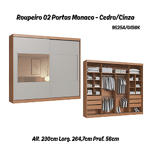 Roupeiro 02 Portas de Correr Monaco c/ Espelho P - 9525A - Cedro/Cinza - Moveis Castro